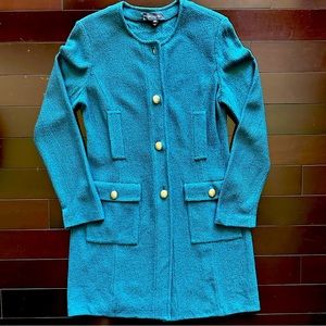 St.John turquoise Jacket thigh length can be worn open or buttoned .
